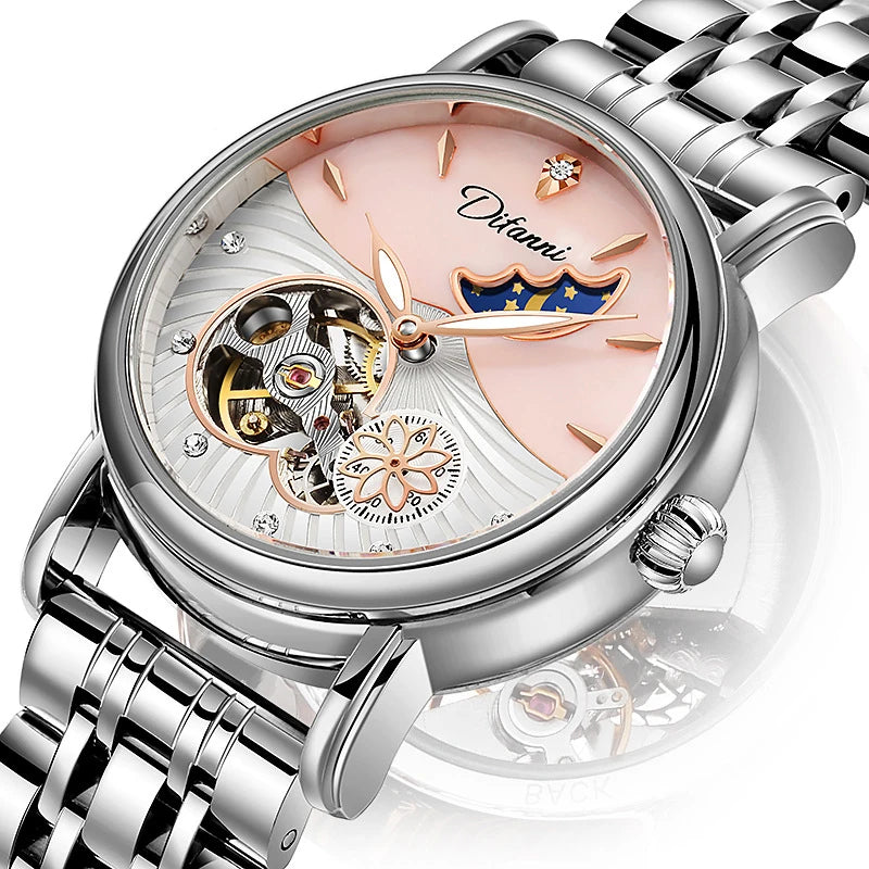 Orologio Da Donna Automatico Impermeabile Con Fasi Lunari E Fiori Girevoli Lusso Di Marca Pregiata