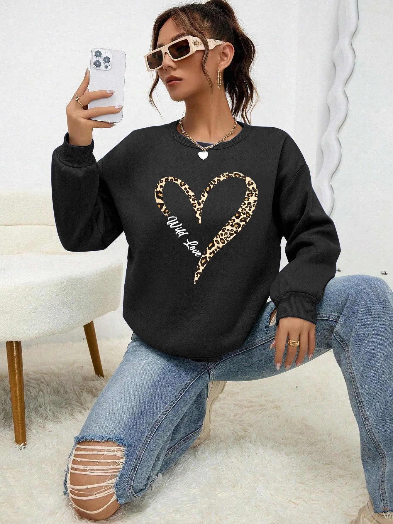 Felpa Da Donna Con Stampa Cuore Leopardato Selvaggio Fodera In Pelliccia Girocollo All Match Abbigliamento Hipster