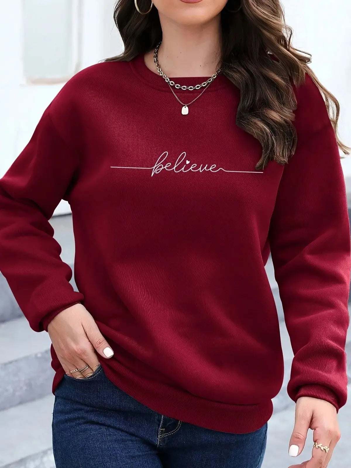 Felpa Donna Con Stampa Cuore Design Geometrico Manica Lunga Girocollo Lavabile In Lavatrice Vestibilità Regolare Autunno