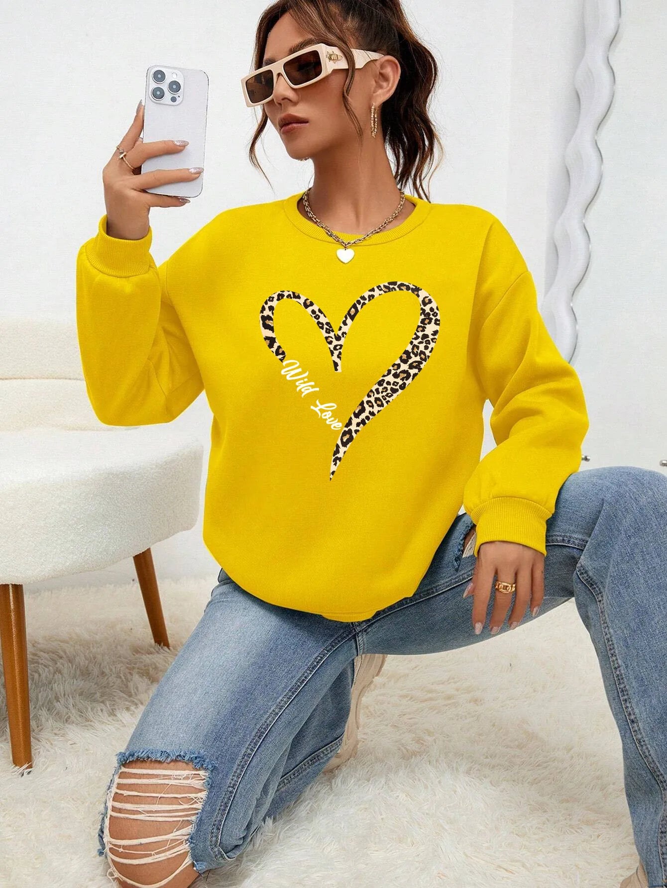 Felpa Da Donna Con Stampa Cuore Leopardato Selvaggio Fodera In Pelliccia Girocollo All Match Abbigliamento Hipster