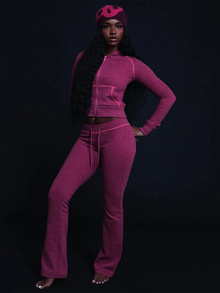 Weird Puss Tuta Donna Due Pezzi con Cappuccio Zip Tasca Giacca Pantaloni Svasati con Coulisse Casual Sportiva Slim Outfit