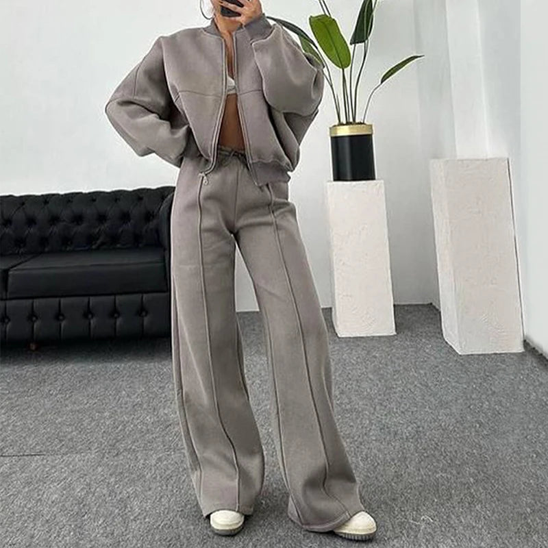 Set Di Tute Da Donna Casual Cardigan Corto Allentato Con Cerniera E Pantaloni Sportivi Con Coulisse Streetwear