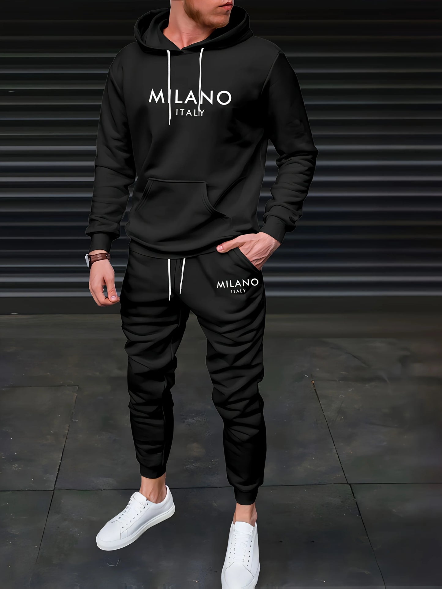 Felpa Sportiva Da Uomo Autunno Inverno Calda In Velluto Spesso Stampa Lettera Milano Italia E Set Pantaloni Della Tuta