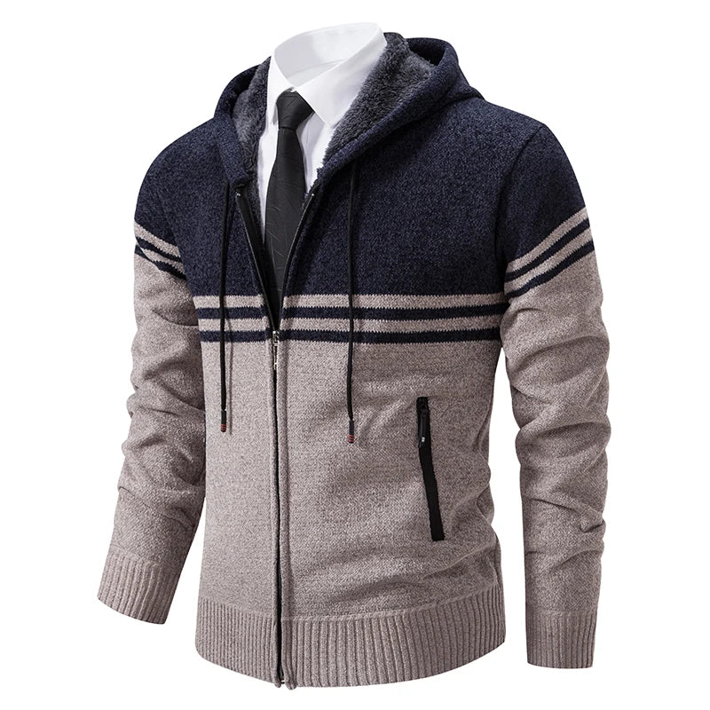 Nuovo Maglione Invernale da Uomo in Pile Spesso con Colletto Coreano e Cerniera Cardigan Casual a Righe