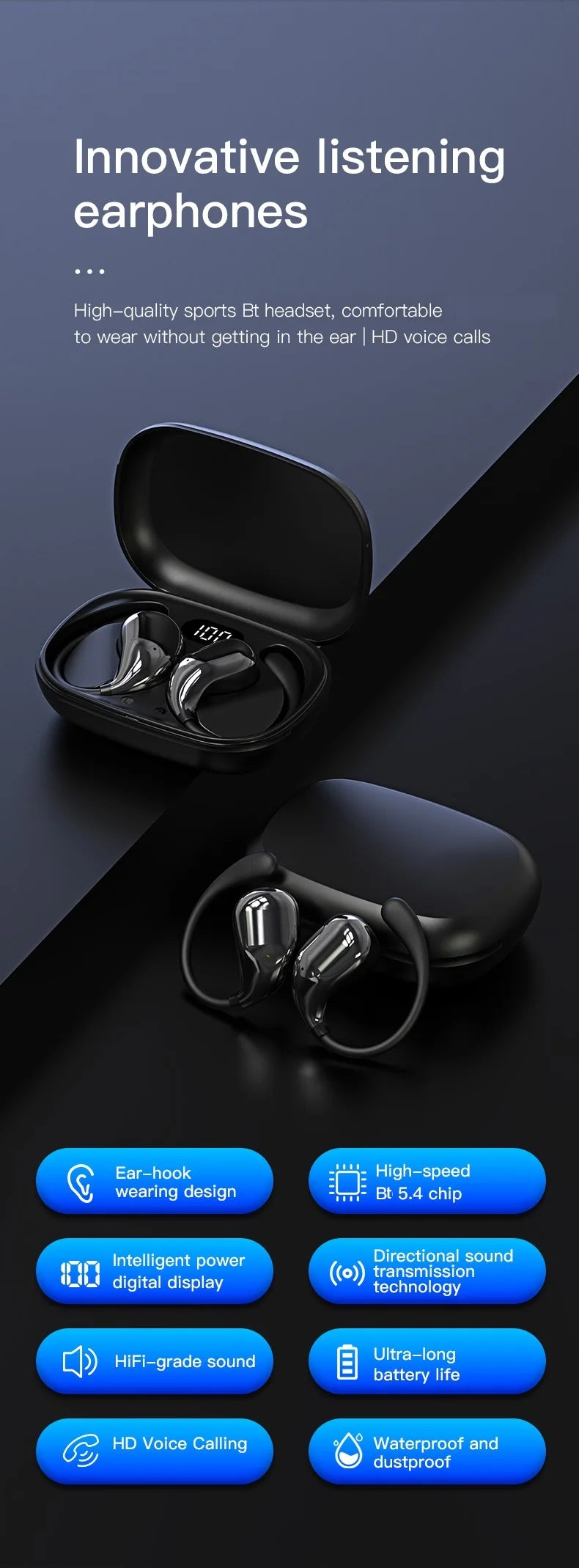 Cuffie Wireless Bluetooth Con Gancio Per L Orecchio Auricolari Stereo Impermeabili Display LED Controllo Touch