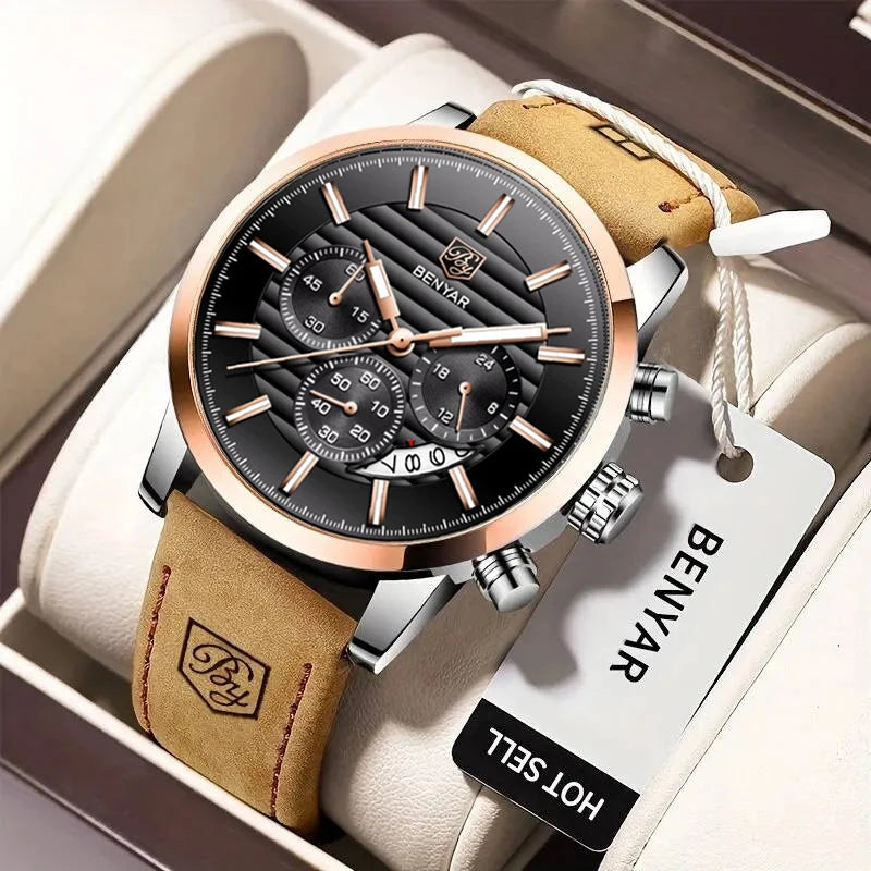 Orologio Da Uomo BENYAR Al Quarzo In Pelle Impermeabile Multifunzione Cronografo calendario Resistente Agli Urti