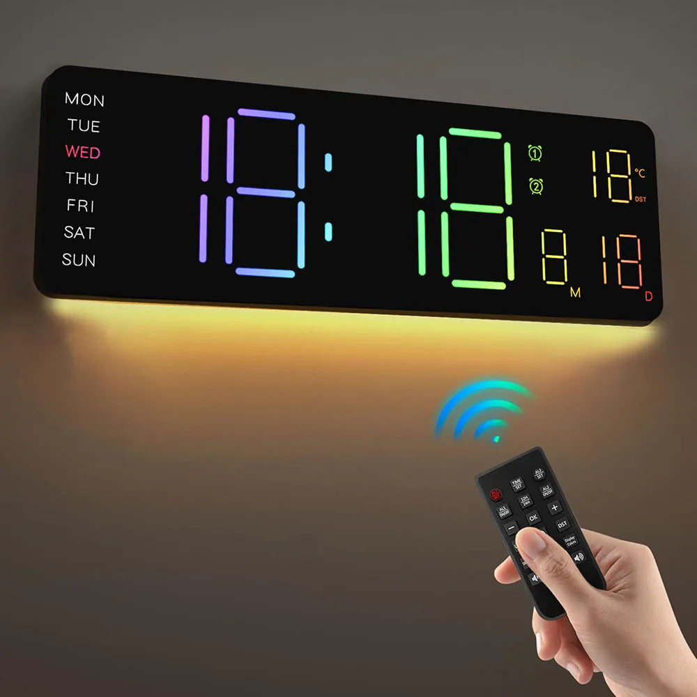 Orologio Da Parete Digitale A Led Con Calendario Telecomandato Luce Notturna Colorata Per Soggiorno Casa Intelligente