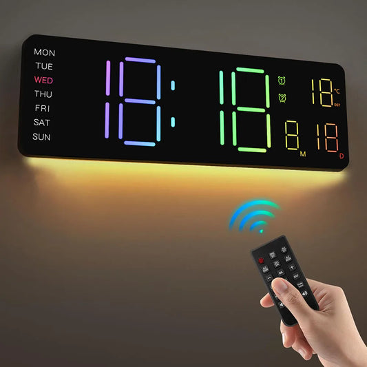 Orologio Da Parete Digitale A Led Con Calendario Telecomandato Luce Notturna Colorata Per Soggiorno Casa Intelligente