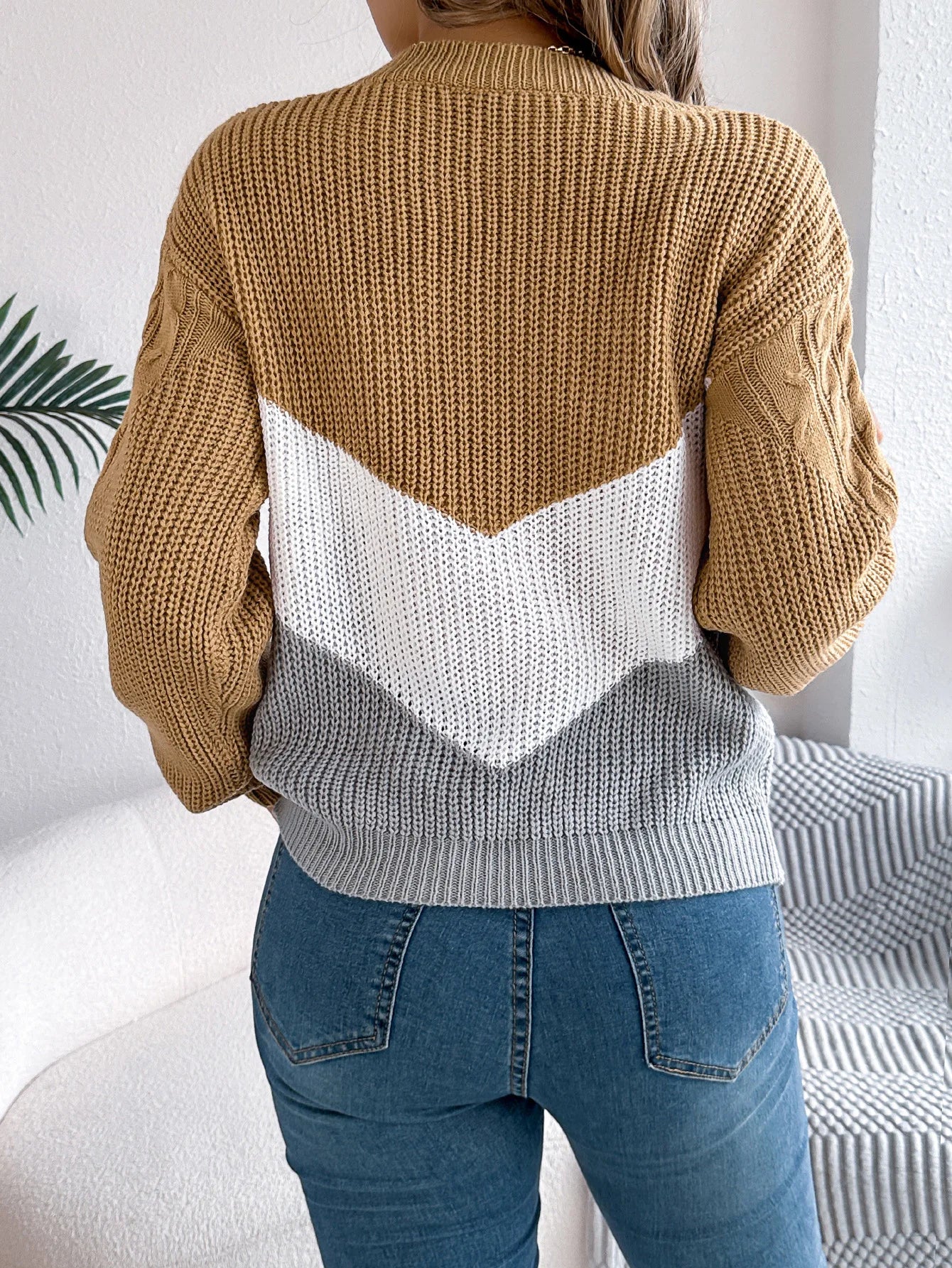 Pullover Lavorato A Maglia Autunno Inverno Color Block Manica Lanterna Collo A O Jersey Donna Elegante