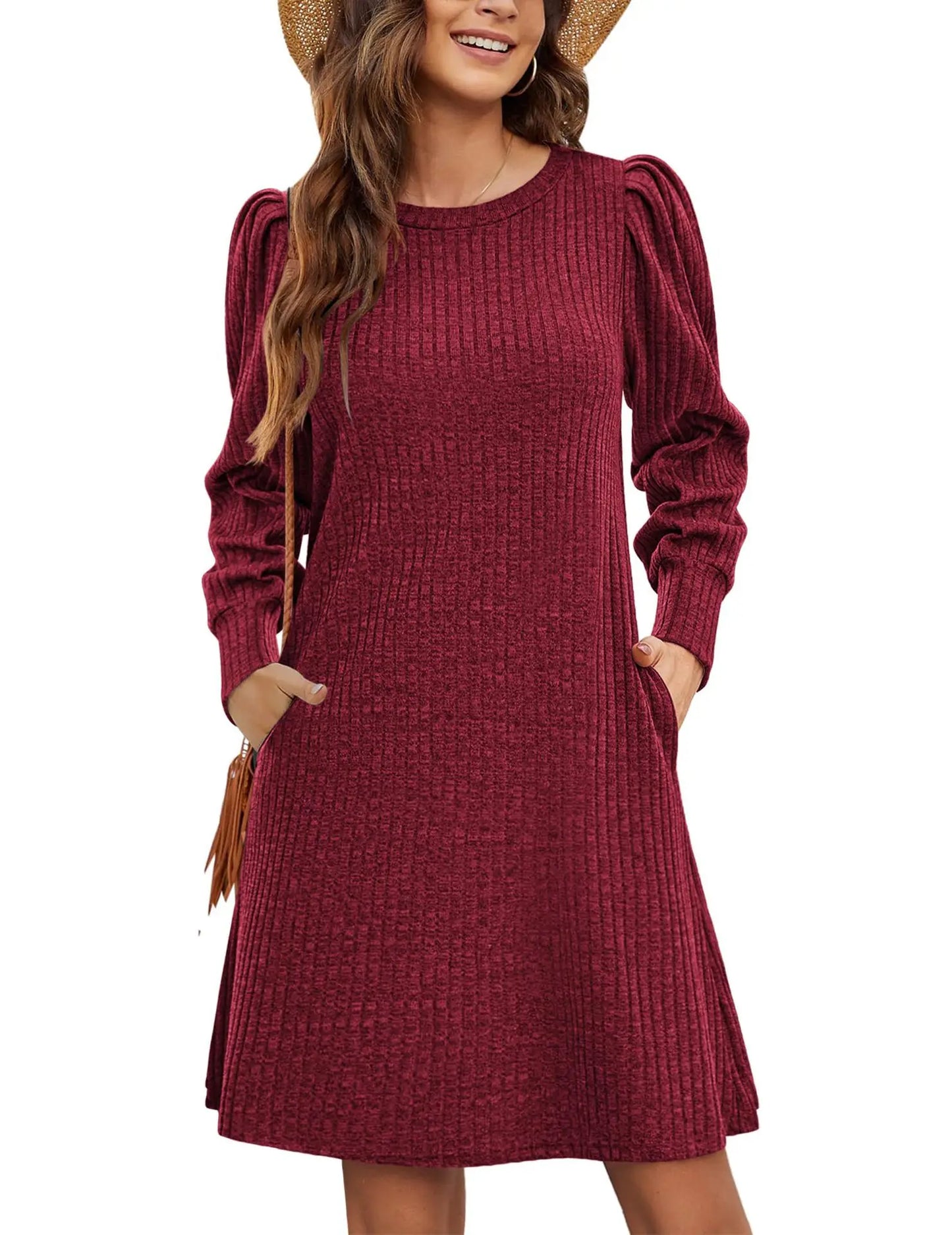 Abito da Donna in Maglia con Maniche a Palloncino e Tasche Laterali Autunno Inverno Comfort Quotidiano