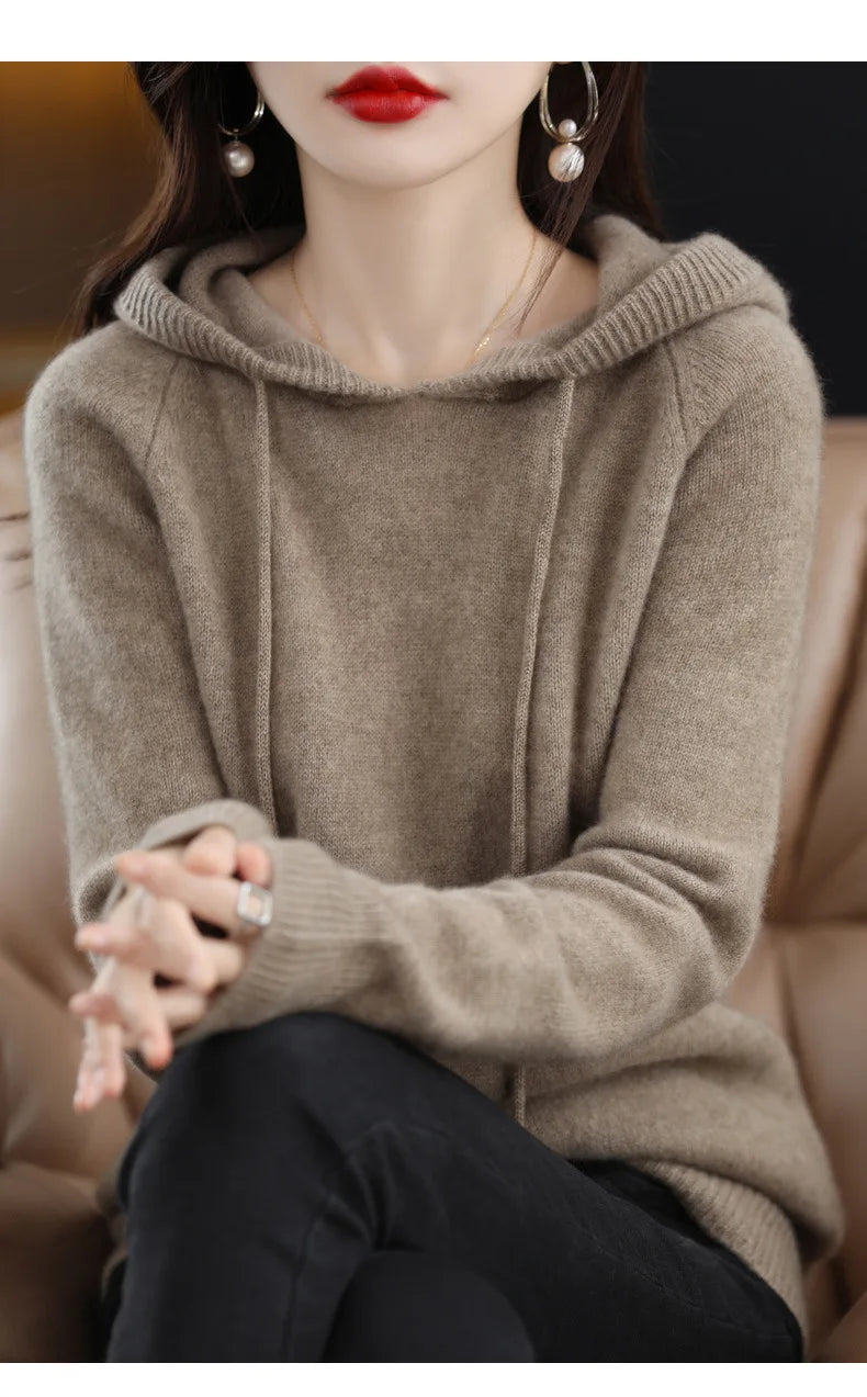 Maglione Con Cappuccio Donna Autunno Inverno Maniche Lunghe Tinta Unita Felpa Lavorata A Maglia Con Coulisse Allentate