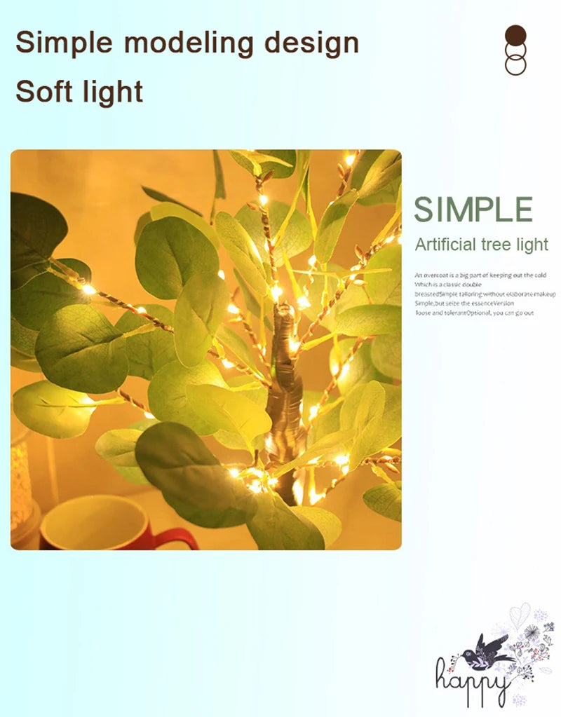 Lampada Da Tavolo A LED Per Albero Eucalipto Artificiale 55 Cm Con USB Per Camera Da Letto Decorazione Scrivania