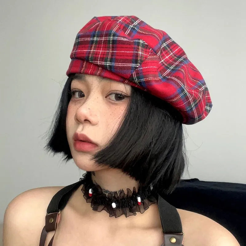 Berretto Scozzese Rosso Unisex Plaid Motivo Profilo Piatto Stile Retrò Caldo Comfort Elegante Donna Uomo