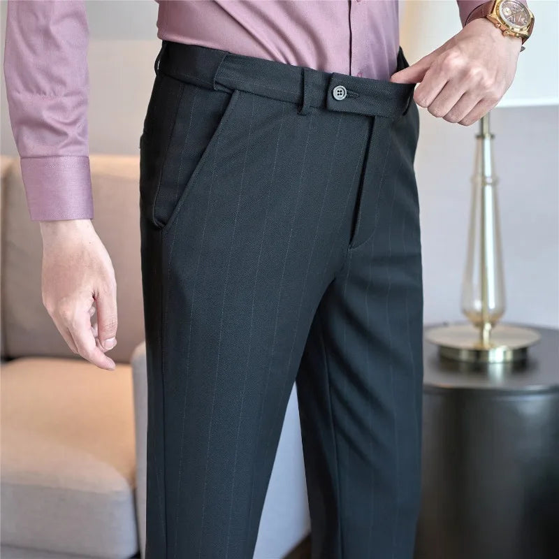 Pantaloni Da Abito Inverno In Lana Spessa Con Vita Elastica Gessati E Tinta Unita Per Uomo