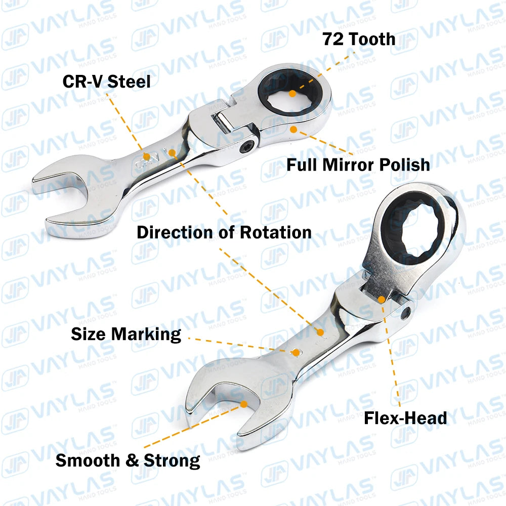 1pc 6-19mm Mini Chiave a cricchetto Strumento Chiave ultra-corta Chiave a cricchetto fissa con testa flessibile Chiave combinata tozza 72T CR-V Acciaio