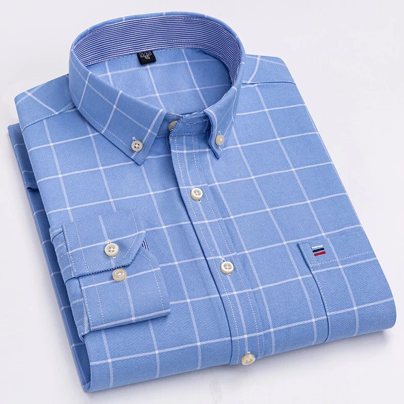 Camicia Da Uomo In Cotone Oxford A Quadri Maniche Lunghe Vestibilità Regolare Con Tasca Frontale