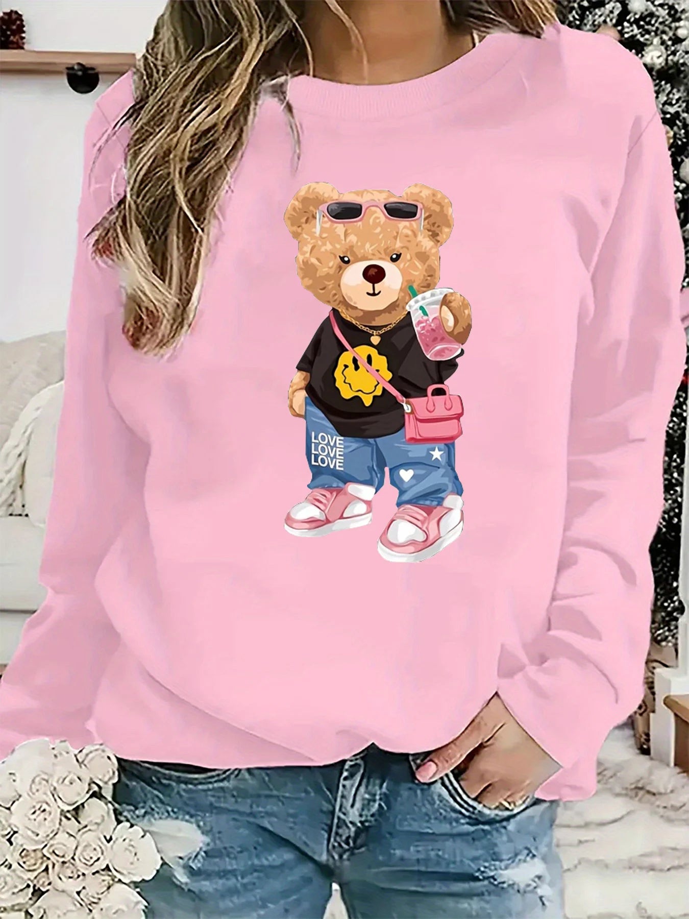 Pullover Da Donna A Maniche Lunghe Con Collo Rotondo E Stampa Di Orsi Caldi, Largo E Comodo, Moda Autunno Inverno