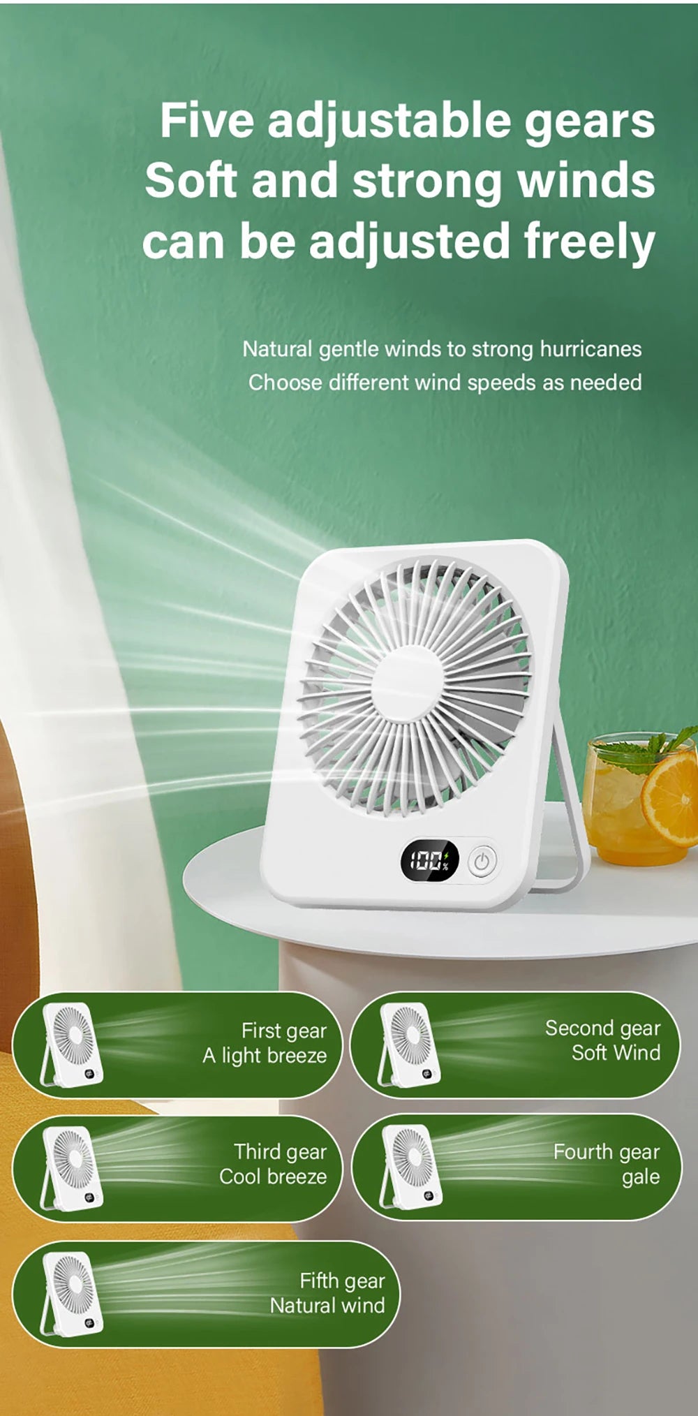 Ventilatore da Tavolo Portatile Pieghevole Ricaricabile USB a Cinque Marce per Ufficio Domestico Studenti