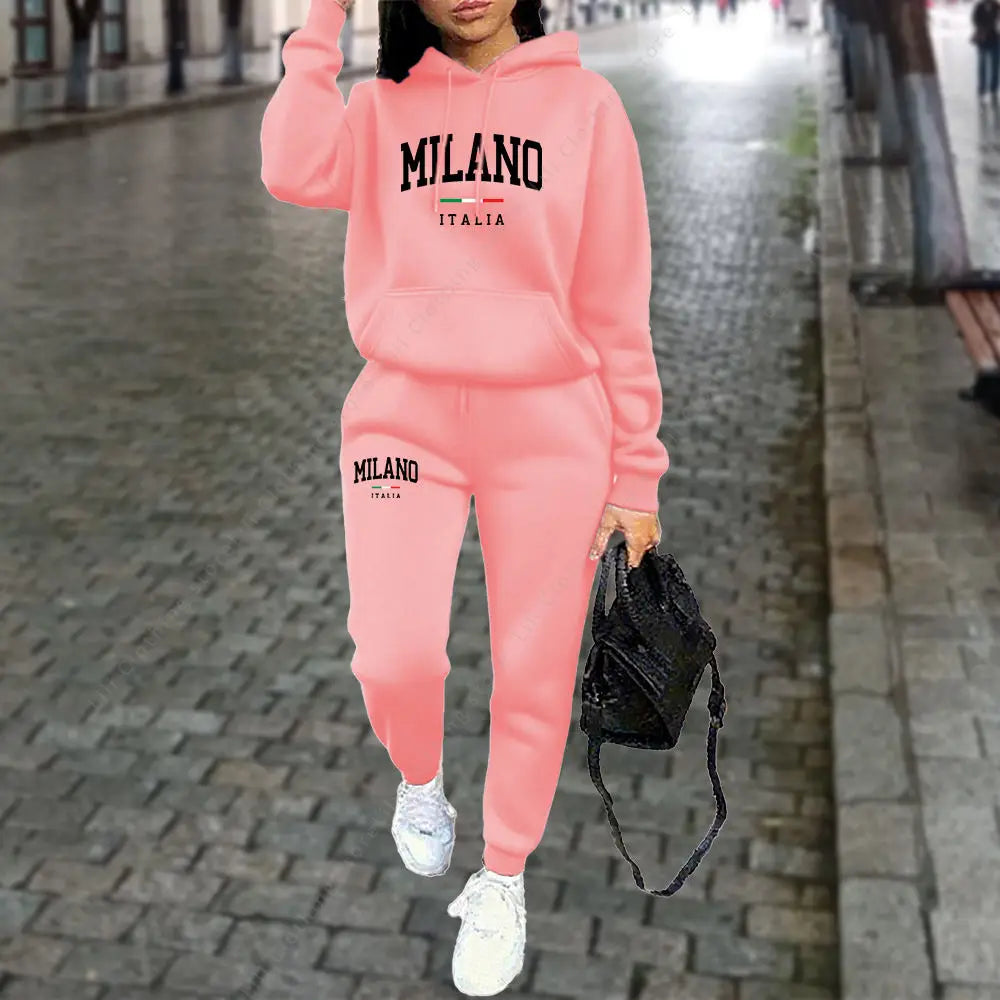 Tuta Da Donna 2 Pezzi Autunno Inverno Set Con Cappuccio Pantaloni Stampa Lettera Milano Estetica Sportiva
