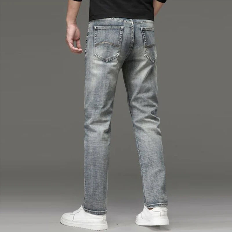 Jeans Uomo Slim Fit Vintage Di Fascia Alta In Denim Pesante Caldo Pantaloni Grigi Casual Versatili Dritti Quotidiani