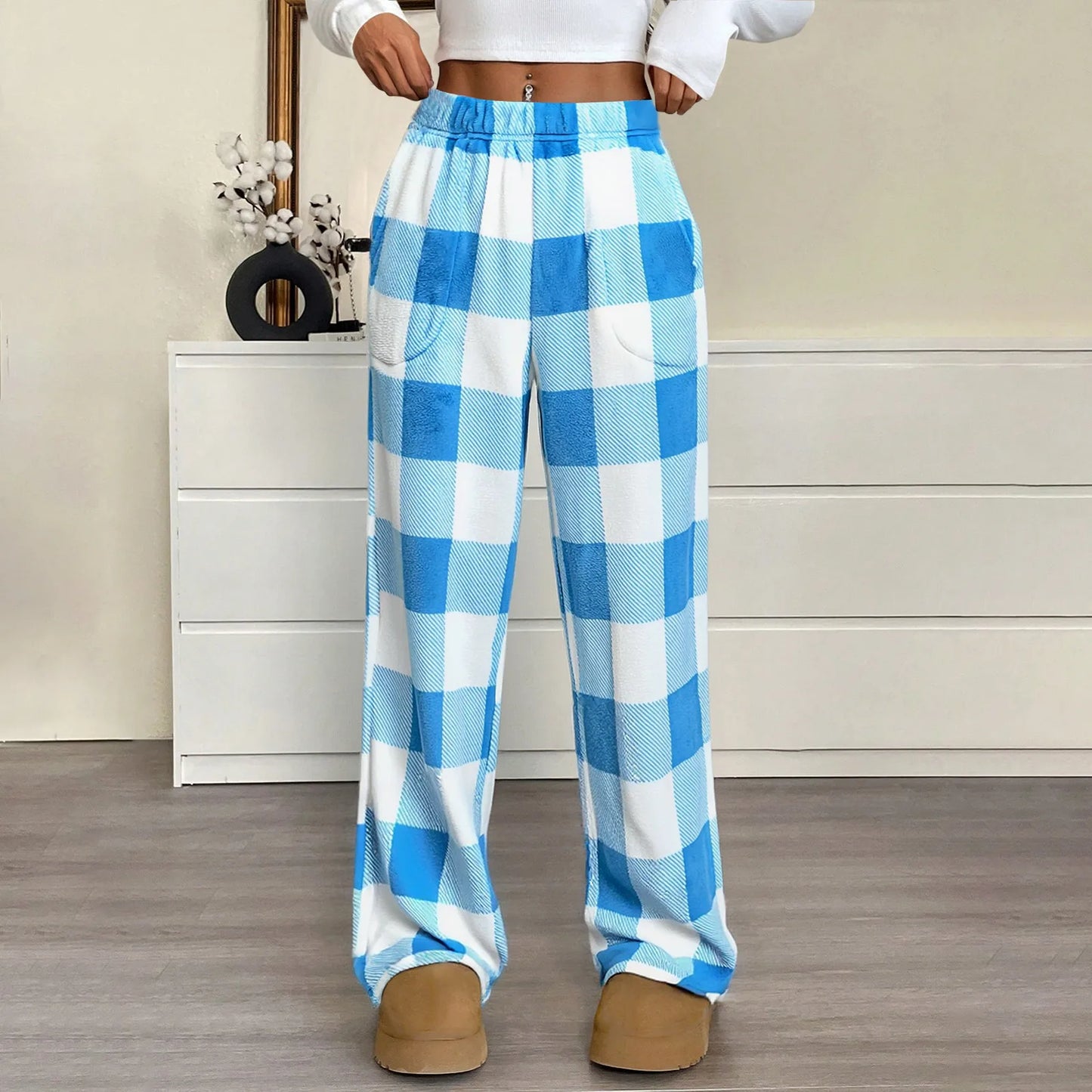 Pantaloni Del Pigiama Da Donna Con Vita Elastica E Scozzesi In Pile Morbidi Con Tasche Peluche