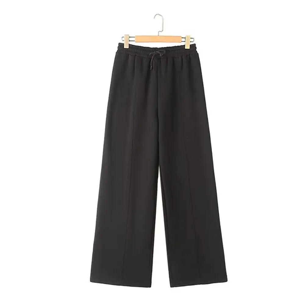Giacche Bomber Donna Autunno 2 Pezzi Retro Tinta Unita Con Zip Pantaloni A Gamba Larga Con Lacci A Vita Alta Street Wear
