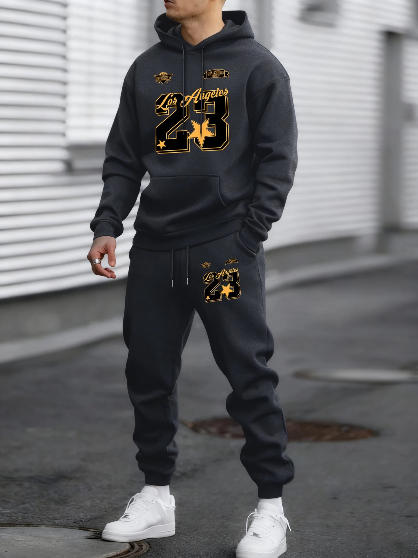Felpa Con Cappuccio Uomo Autunno Inverno Set Pantaloni Lunghi In Pile Con Tasche Stampa Numero 23 Los Angeles California
