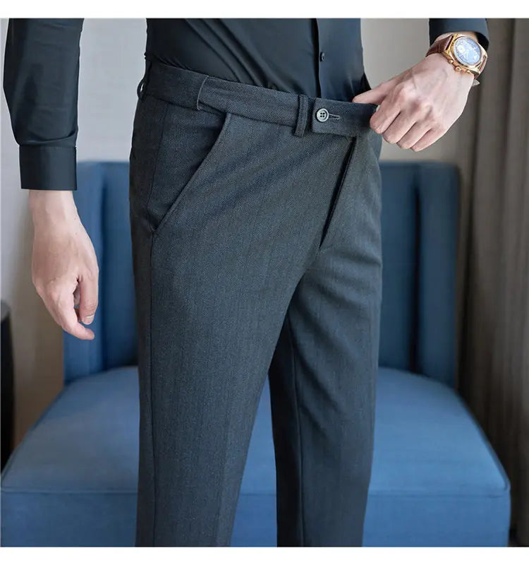 Pantaloni Da Abito Inverno In Lana Spessa Con Vita Elastica Gessati E Tinta Unita Per Uomo