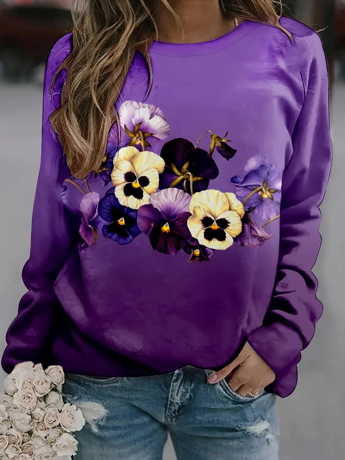 Felpa da Donna con Stampa Grafica Fiori Viola Scollo a O Pullover Casual a Maniche Lunghe in Poliestere Spandex
