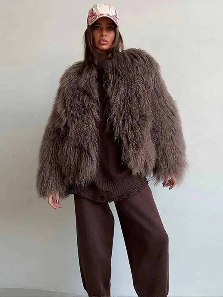 Cappotto Donna Pelliccia Sintetica Marrone Girocollo Allentato Maniche Lunghe Spessa Peluche Giacca Inverno Nuovo 7A1041