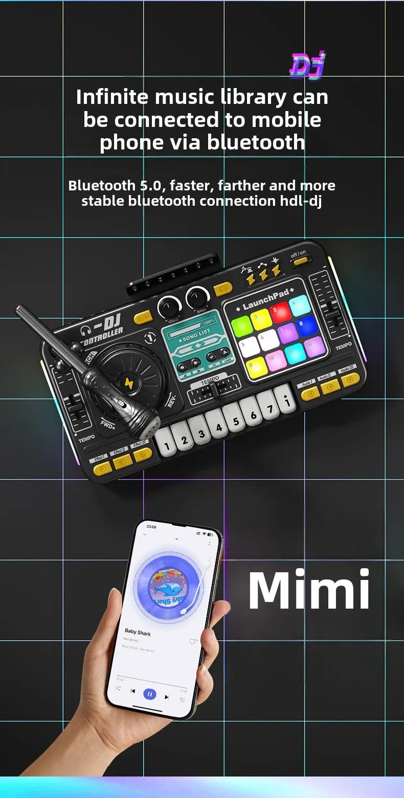Controller DJ per bambini Mixer giocattolo musicale con microfono Luce a LED Gioco musicale elettronico Giradischi DJ per regali di compleanno per bambini