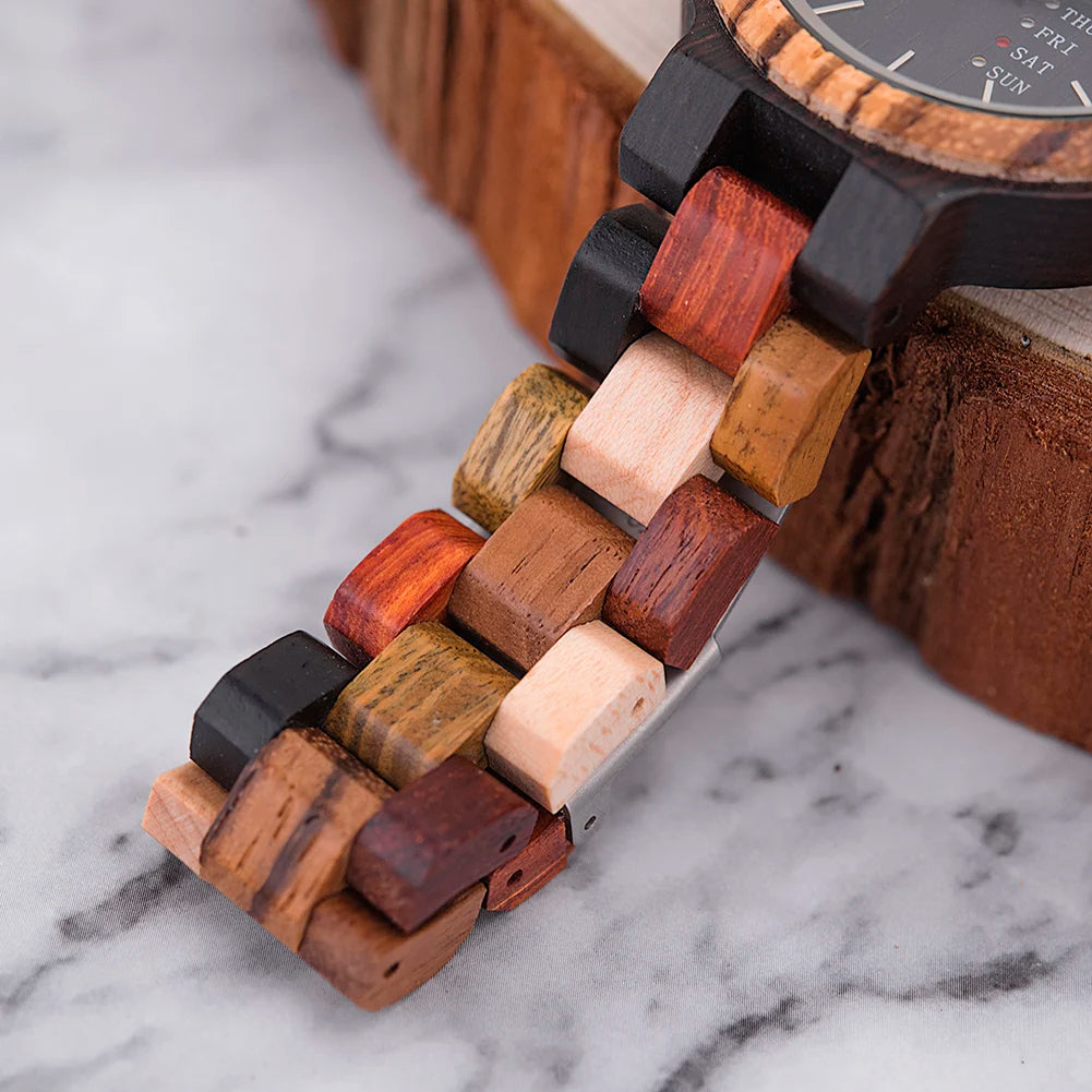 Orologio In Legno Unisex Quarzo Settimana Data Coppia Cinturino Colorato Logo Personalizzato Regalo Dropship