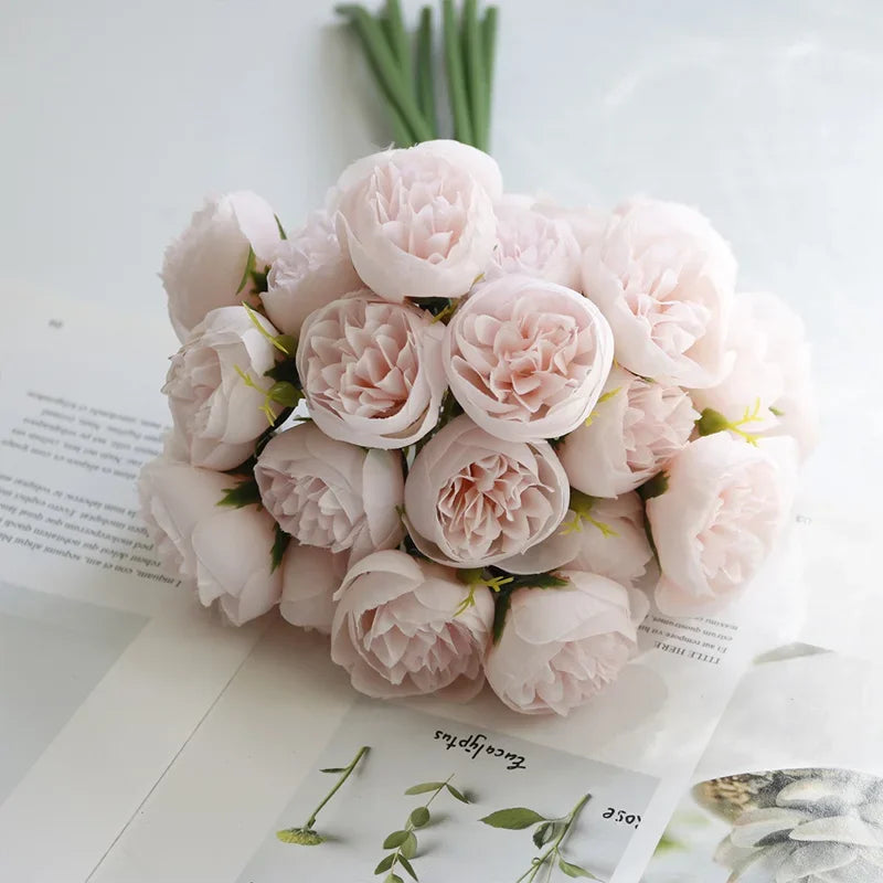 Rosa Rosa Peonia Fiori Artificiali In Seta Bouquet Da 27 Teste Per Vaso Da Tavolo Decorazione Nozze Casa