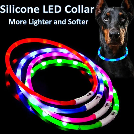 Collare Per Cani In Silicone LED Ricaricabile Tre Modalità Luce Lampeggiante Sicurezza Notturna Anti Smarrimento 70 Cm