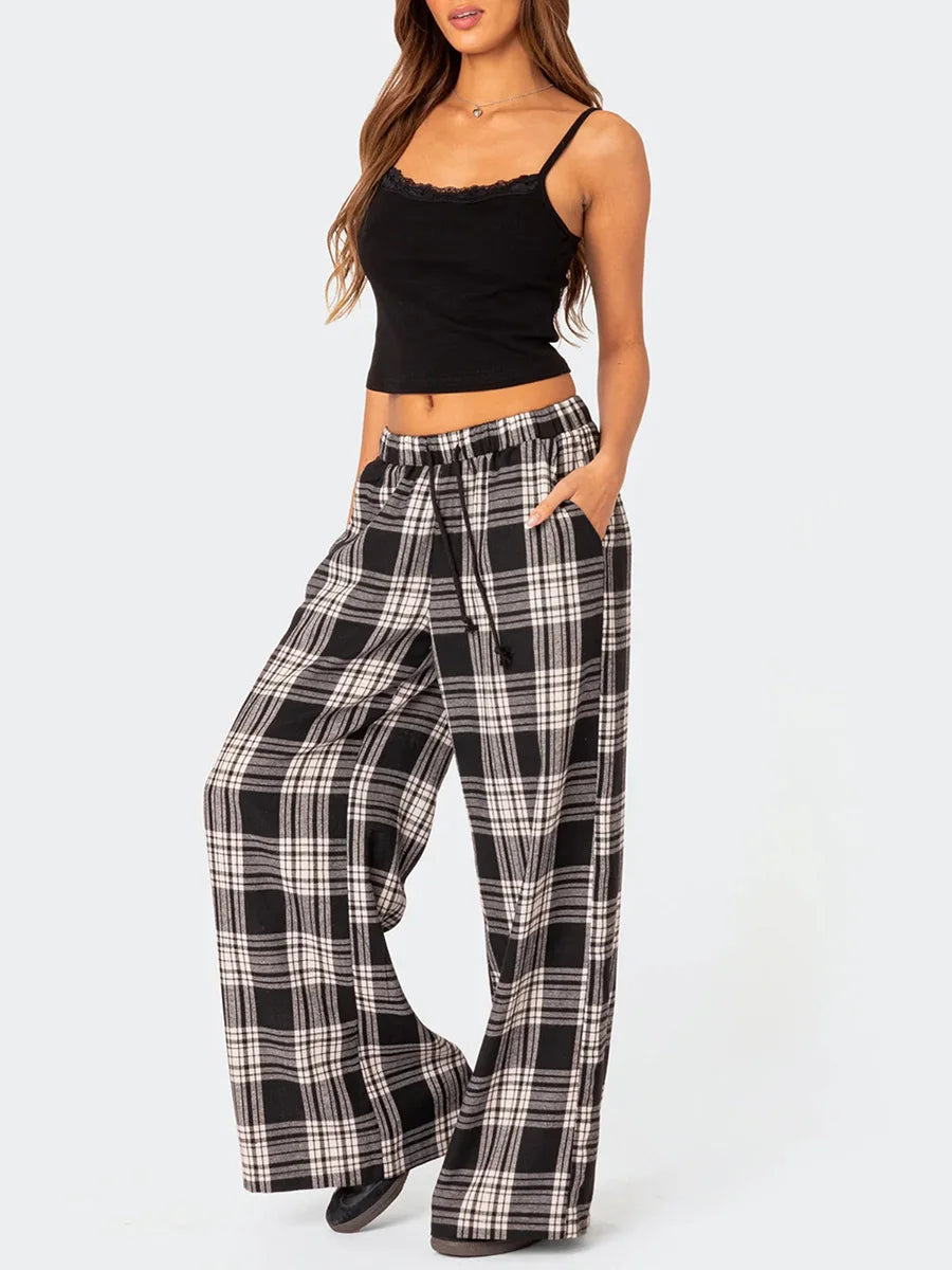 Pantaloni Oversize da Donna Y2K da Salotto Casual Quadri di Moda Elastici Vita Alta con Tasche Pigiama Homewear