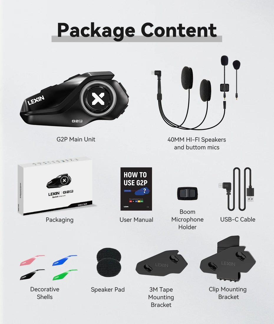 Cuffie Bluetooth Per Casco Interfono Moto Lexin G2P Comunicatore Vivavoce Fino A 6 Ciclisti Con Radio FM