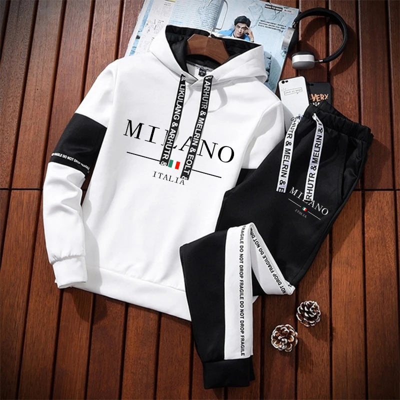 Tuta Da Uomo Monopezzo Con Cappuccio Stampa Casual Nero Bianco Abbigliamento Sportivo Autunno Inverno