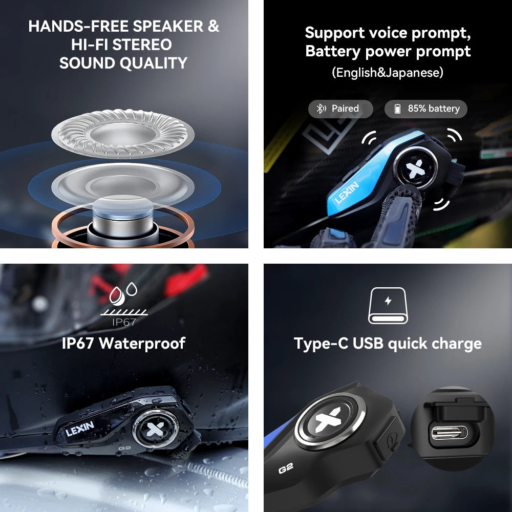 Cuffie Bluetooth Per Casco Interfono Moto Lexin G2P Comunicatore Vivavoce Fino A 6 Ciclisti Con Radio FM