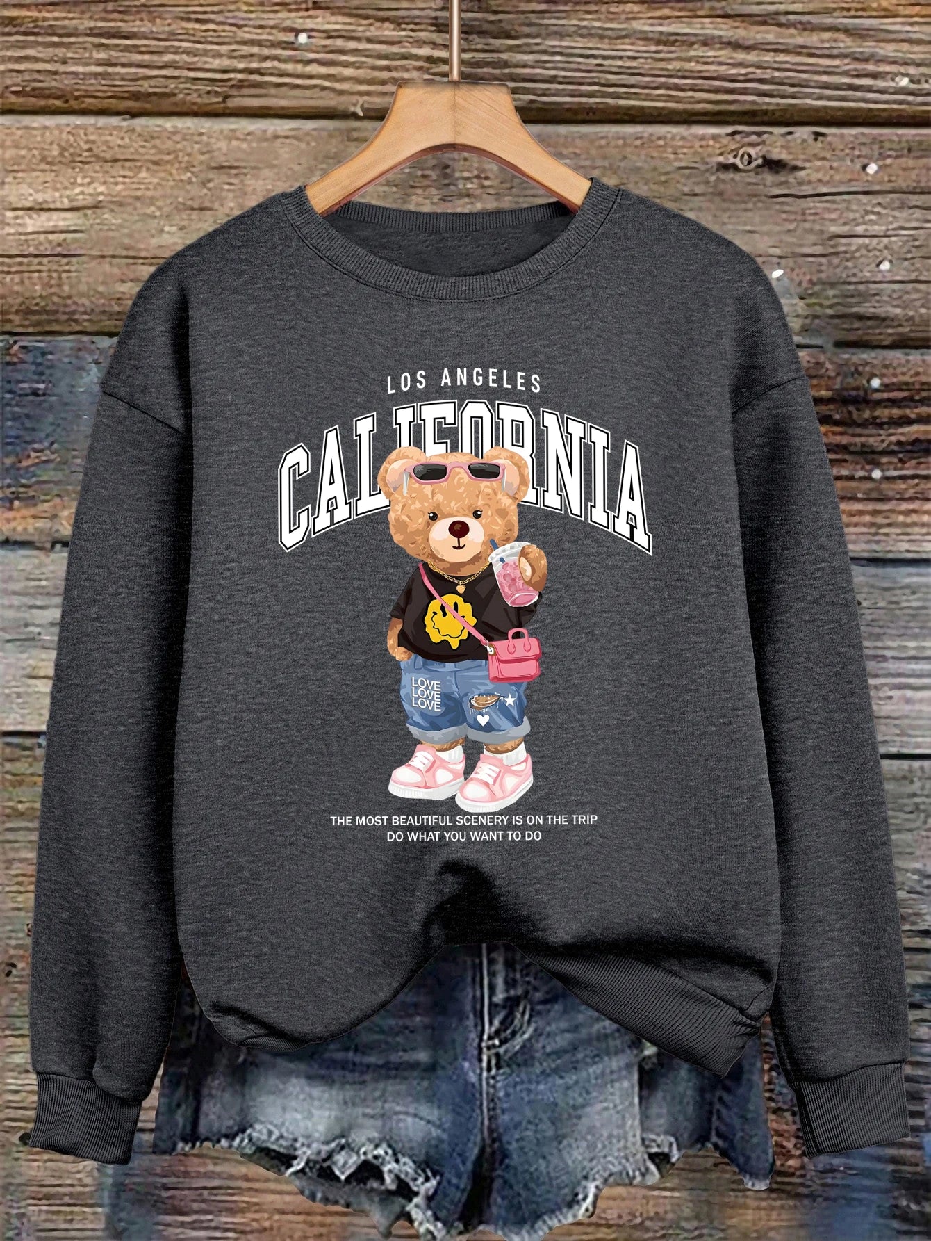 Orsetto Bere Tè Al Latte Stampato Pullover Da Donna Con Collo A O Felpa In Pile Streetwear Autunno