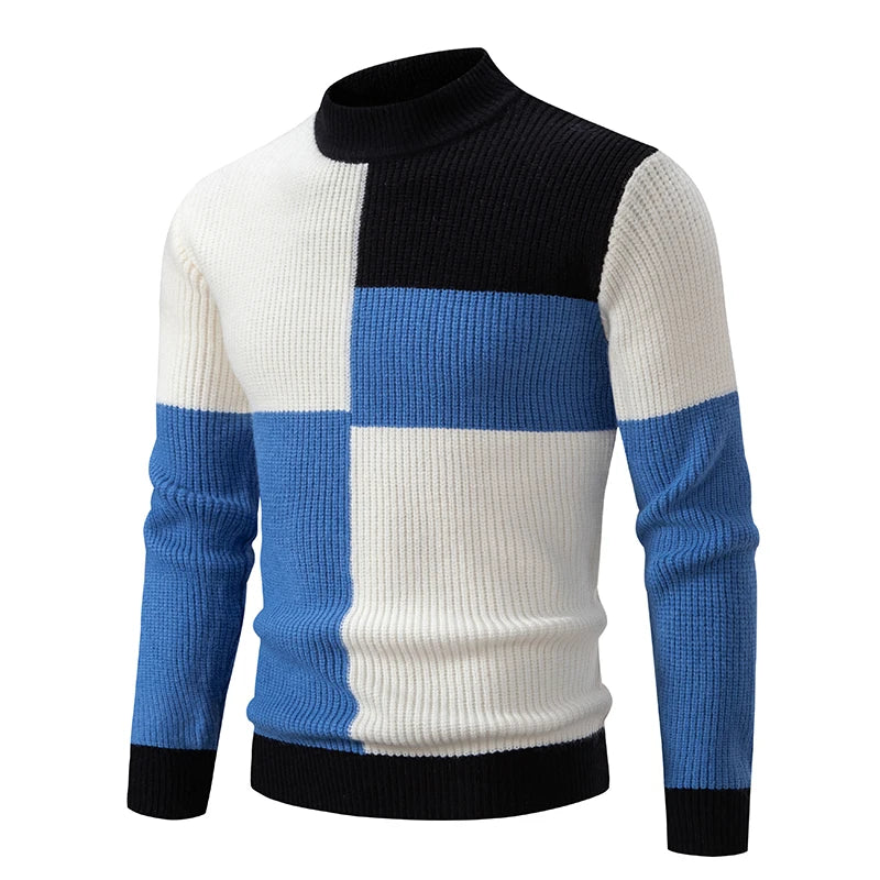 Pullover a Collo Finto da Uomo Patchwork Slim Fit Maglione Lavorato a Maglia Autunno Inverno