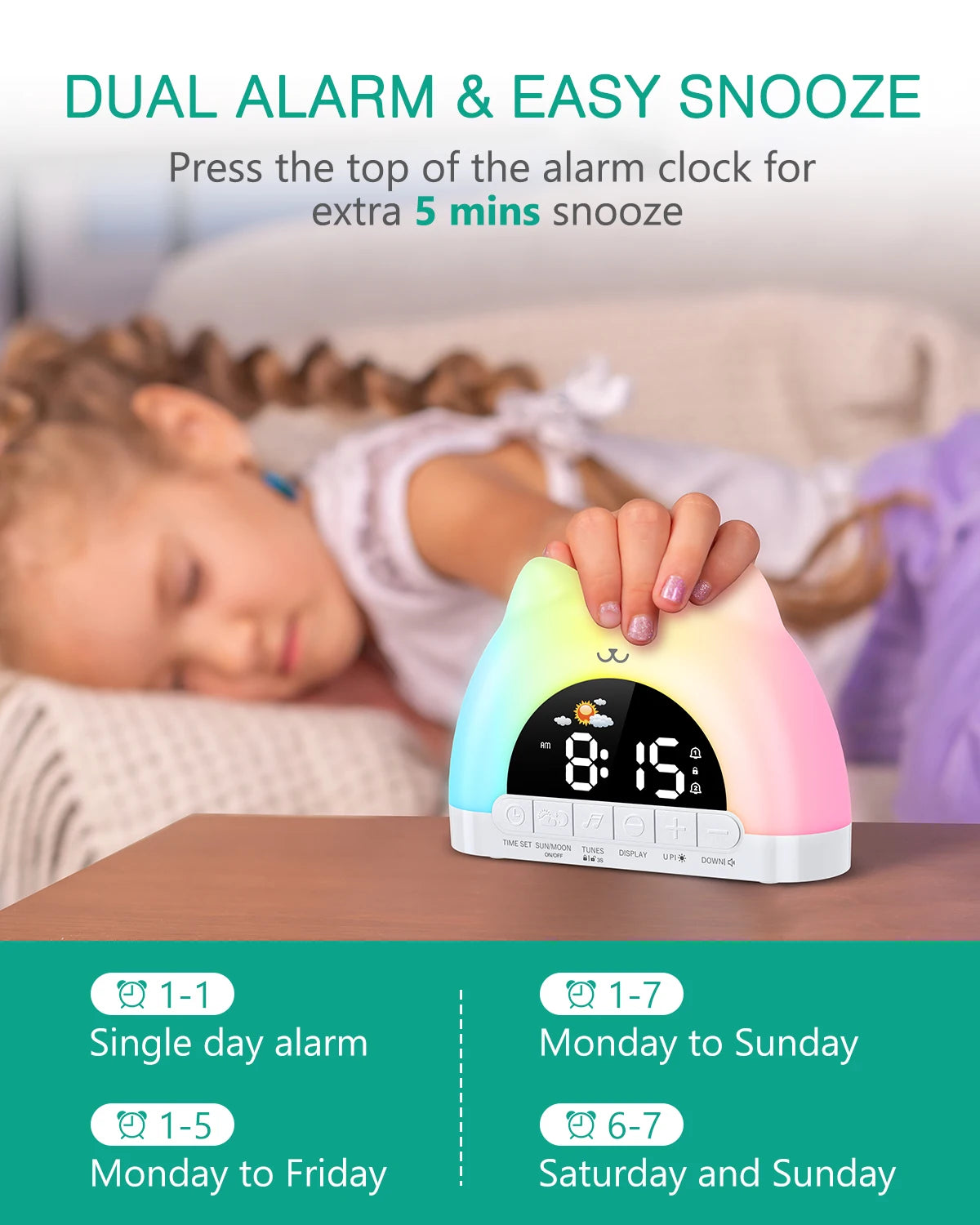 ORIA Sveglia per Bambini con Luce Notte 11 Colori, Sveglia Allenamento Sonno, Orologio con Blocco Regalo Ragazzi Ragazze