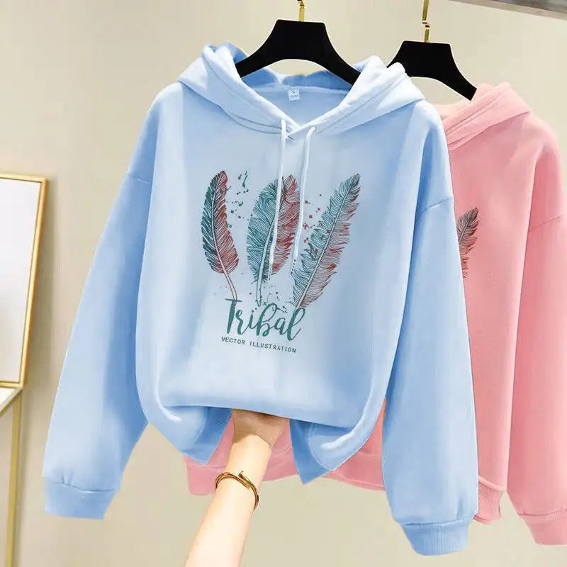 Felpa Con Cappuccio Stampata Con Piume Donna Autunno Inverno In Velluto Casual Oversize