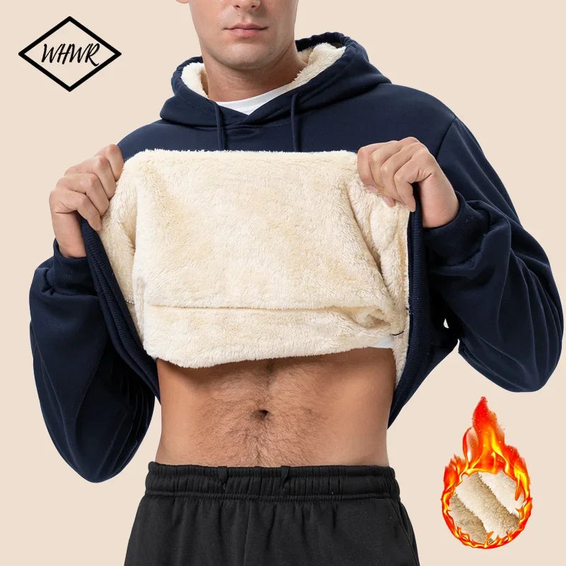 Uomo Felpa Termica Inverno Con Cappuccio Foderata In Pile Caldo Spesso Girocollo Solido Top Abbigliamento Streetwear