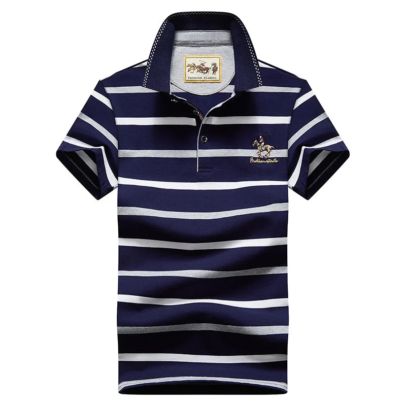 Polo Uomo Slim Fit A Righe In Puro Cotone Estate Manica Corta Collo Flip Elegante
