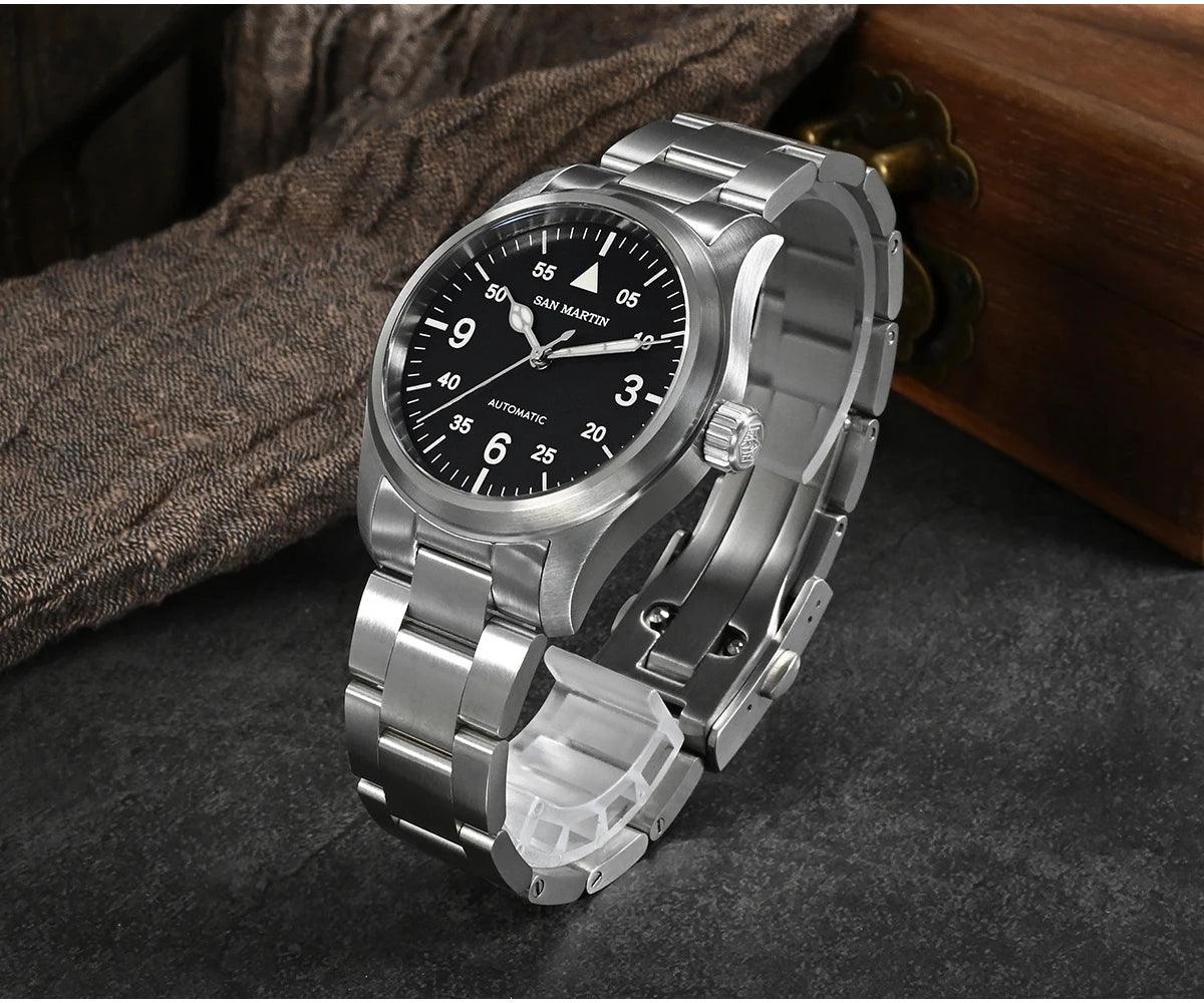 Orologio Da Pilota Da Uomo San Martin 37mm Meccanico Automatico 100m Impermeabile Stile Militari BGW 9