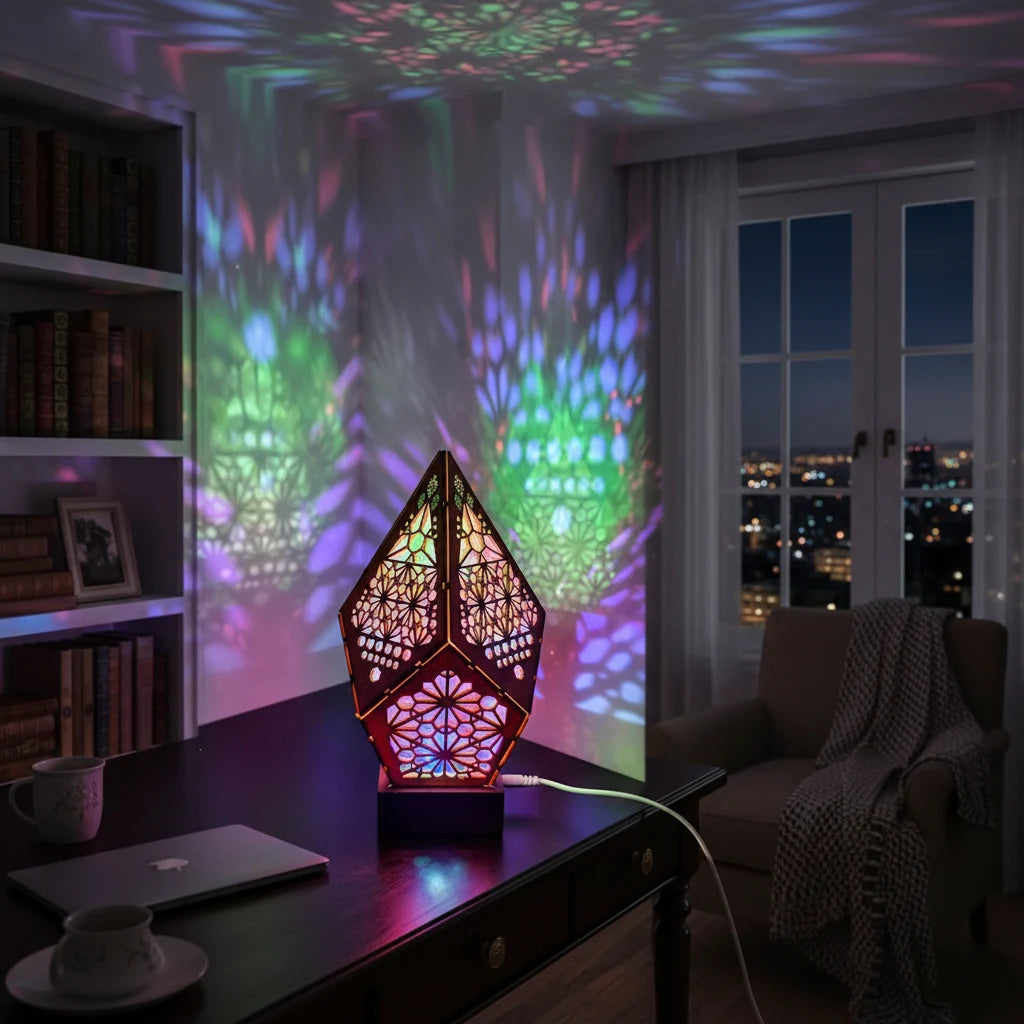 Lampada Da Tavolo USB Bohemien Proiettore Retro Con Luci Stellate Colorate Effetto Motivo In Legno Per Comodino