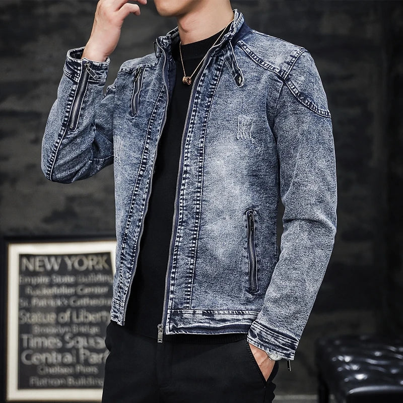 Giacca Jeans Uomo Denim Streetwear Primavera Autunno Collo Mandarino Slim Fit Capispalla