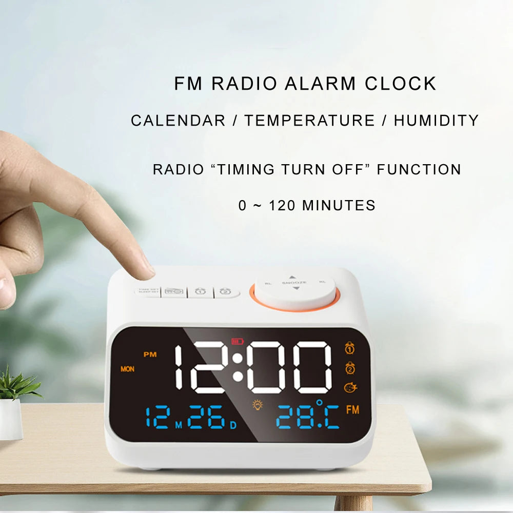 Sveglia LED Moderna Con Radio FM Per Comodino Calendario Digitale Da Tavolo Con Termometro Umidità E Igrometro