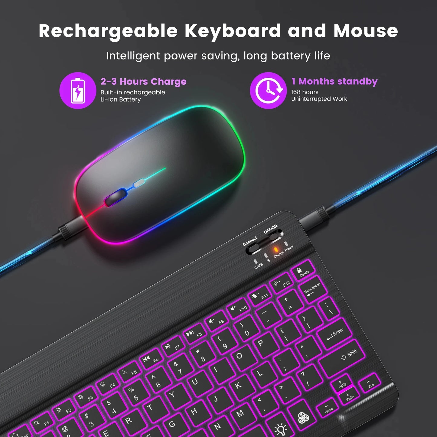Set Tastiera e Mouse Bluetooth RGB Retroilluminato, Mouse Wireless 2.4G, Tastiera Ricaricabile