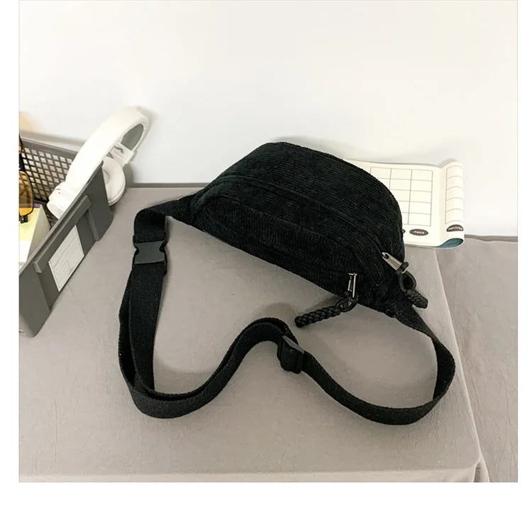 Marsupio da Donna in Velluto a Coste di Grande Capacità Borsa da Petto Stile Street Borsa a Tracolla Cintura Casual